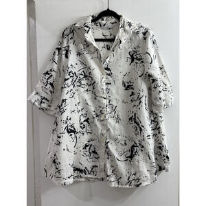 Courtney‎ Washington Large 100% Linen Top Black White Lagenlook Short Slv USA